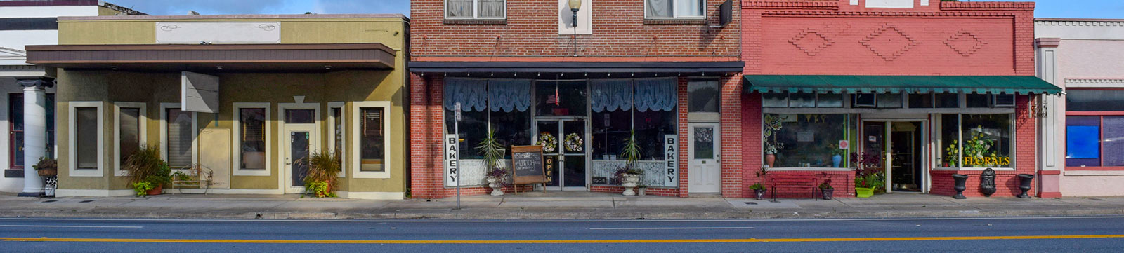 Storefronts of small businesses in a small town