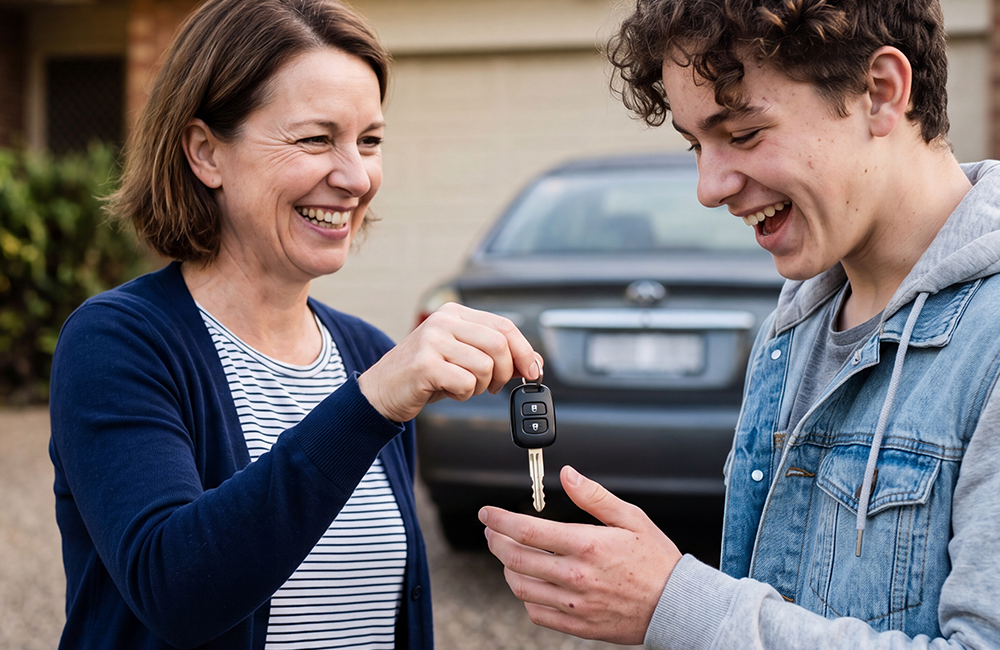 mom handing teen son keys